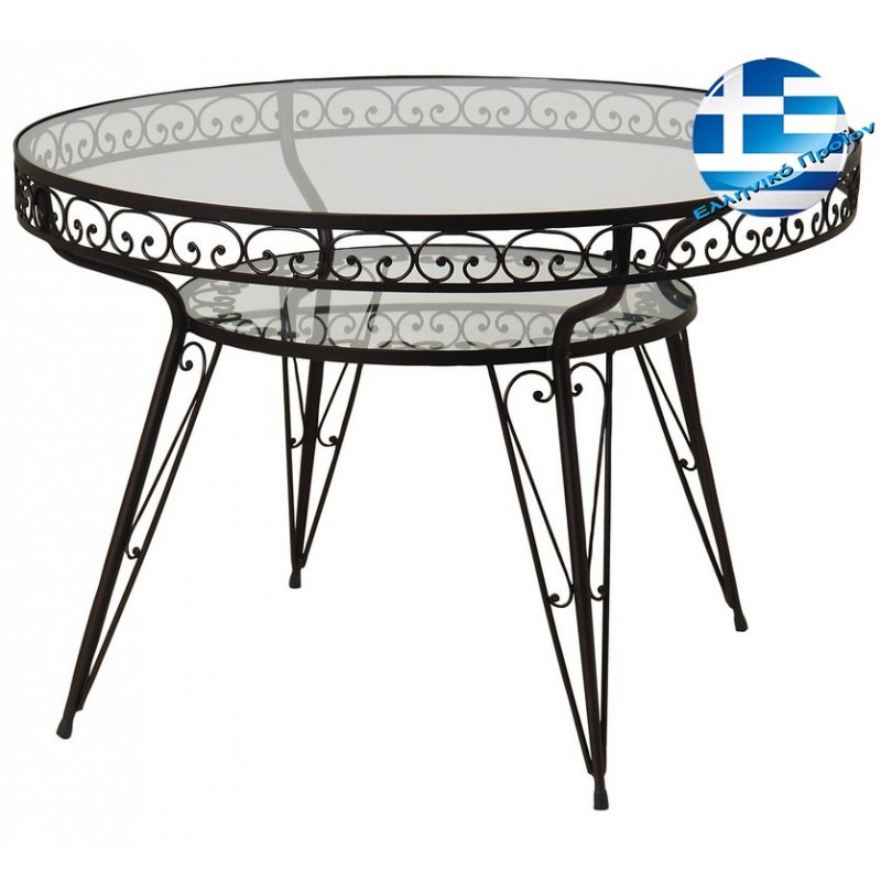 Γαλβανισμένο μαύρο στρογγυλό τραπέζι φερ φορζέ με τζάμι 100x75 εκ