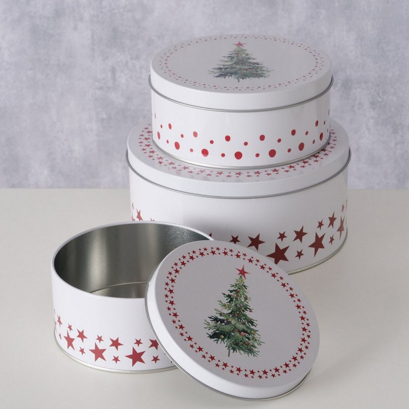 Χριστουγεννιάτικα μεταλλικά κουτιά αποθήκευσης σε λευκή απόχρωση με σχέδιο στολισμένο δέντρο σετ τριών τεμαχίων Χριστουγεννιάτικα μεταλλικά κουτιά αποθήκευσης σε λευκή απόχρωση με σχέδιο στολισμένο δέντρο σετ τριών τεμαχίων
