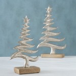 Χριστουγεννιάτικα μεταλλικά διακοσμητικά δεντράκια σε ασημί απόχρωση με ξύλινη βάση σετ δύο τεμαχίων