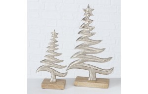 Χριστουγεννιάτικα μεταλλικά διακοσμητικά δεντράκια σε ασημί απόχρωση με ξύλινη βάση σετ δύο τεμαχίων