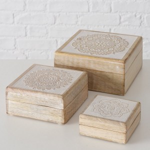 Κουτιά αποθήκευσης από ξύλο μάνγκο με σκάλισμα σετ τριών τεμαχίων
