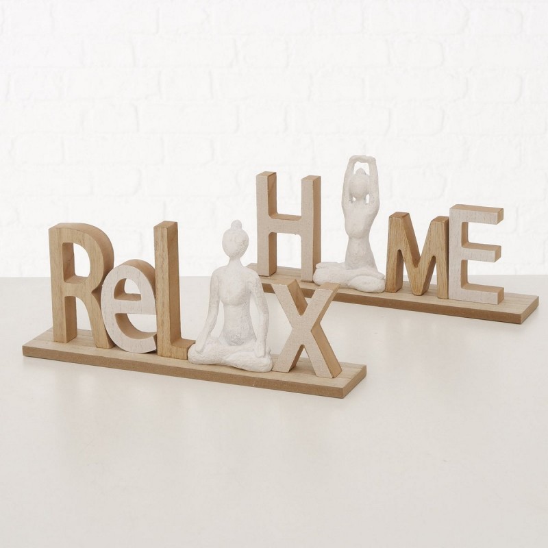 Ξύλινη επιτραπέζια διακοσμητική επιγραφή Home Relax σε φυσική απόχρωση με δύο φιγούρες γιόγκα σετ δύο τεμαχίων