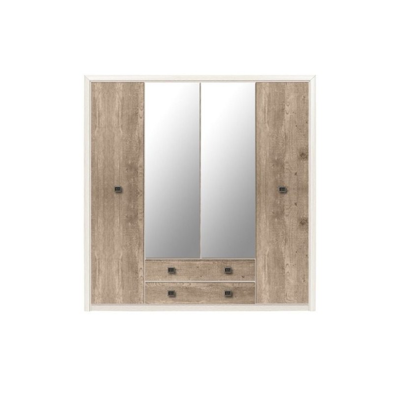 London τετράφυλλη ντουλάπα από MDF σε λευκή και φυσική απόχρωση με διπλό καθρέπτη και δύο συρτάρια 214x56,5x208 εκ