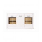 Milano μπουφές από MDF σε λευκό χρώμα με δύο βιτρίνες και μια πόρτα και εσωτερικό σε φυσική απόχρωση 151,5x38x91 εκ