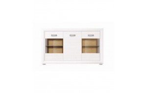 Milano μπουφές από MDF σε λευκό χρώμα με δύο βιτρίνες και μια πόρτα και εσωτερικό σε φυσική απόχρωση 151,5x38x91 εκ