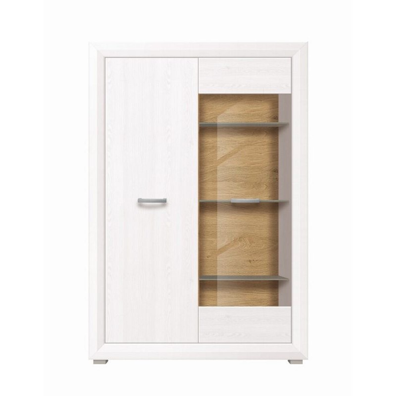 Milano βιτρίνα από MDF σε λευκό χρώμα με δύο πόρτες και εσωτερικό σε φυσική απόχρωση 106,5x38x157,5 εκ