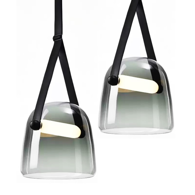 Lerki γυάλινο μονόφωτο φωτιστικό οροφής LED σε φιμέ διάφανο χρώμα και μαύρο δερμάτινο δέσιμο 20x20 εκ