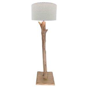 Ag ξύλινο επιδαπέδιο φωτιστικό με λευκό καπέλο και βάση με σχήμα κορμού δέντρου σε φυσική απόχρωση 180 εκ