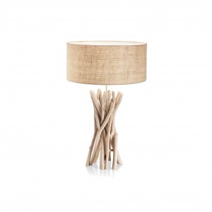 Driftwood ξύλινο επιτραπέζιο φωτιστικό με κλαδάκια και υφασμάτινο καπέλο σε μπεζ απόχρωση 40x52 εκ
