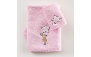 Flystar σετ πετσέτες δύο τεμαχίων ροζ με κέντημα απλικέ 70x140 και 30x50 εκ