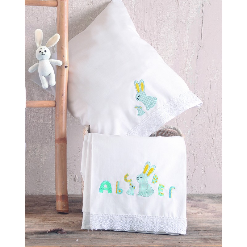 Miffy σετ βρεφικά βαμβακερά σεντόνια με κέντημα λαγουδάκια και μαξιλαροθήκη σε σιέλ απόχρωση σετ τριών τεμαχίων 100x160 εκ
