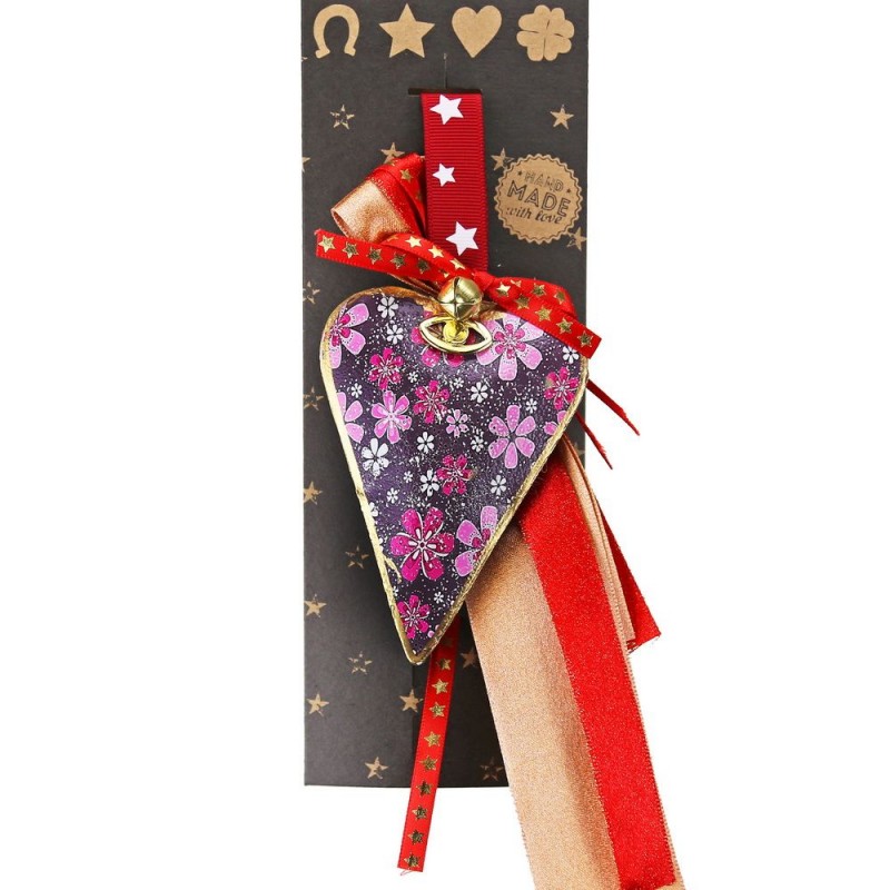 Χριστουγεννιάτικο γούρι 2026 χειροποίητο μεταλλικό σε σχήμα καρδίας με φλοράλ σχέδια