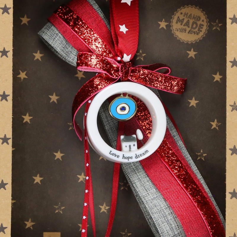 Χριστουγεννιάτικο γούρι 2026 από πορσελάνη με ματάκι και επιγραφή Love Hope Dream