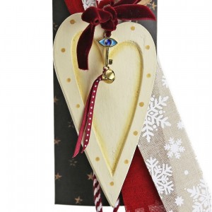 Χριστουγεννιάτικο γούρι 2026 χειροποίητο ξύλινο σε σχήμα καρδιάς με ματάκι