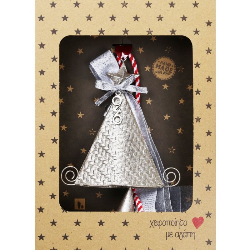 Χριστουγεννιάτικο χειροποίητο μεταλλικό γούρι 2026 με σχήμα καμπάνας σε σαμπανί απόχρωση 33 εκ