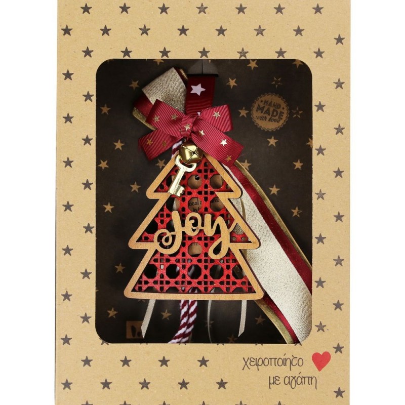 Χριστουγεννιάτικο γούρι 2026 χειροποίητο ξύλινο σε σχήμα δέντρου με επιγραφή Joy