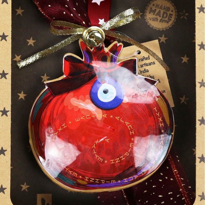 Χριστουγεννιάτικο χειροποίητο μεταλλικό γούρι 2026 με σχήμα ρόδι σε κόκκινο χρώμα και ματάκι 27 εκ