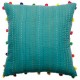 Βαμβακερό μαξιλάρι Kantha σε πετρόλ χρώμα με πομ πομ 45x45 εκ