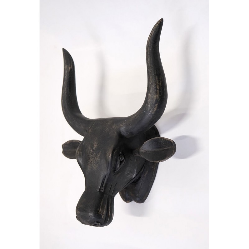 Bull ξύλινο επιτοίχιο διακοσμητικό κεφάλι ταύρου σε μαύρο χρώμα 34x17x44 εκ