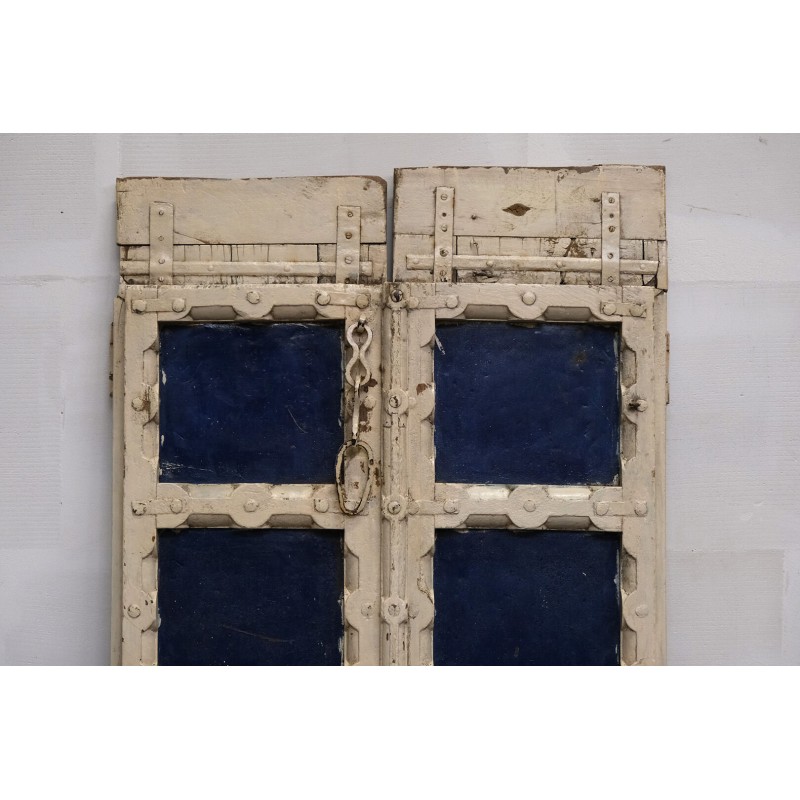 Διακοσμητική vintage διπλή πόρτα από ξύλο και μέταλλο σε μπλε και κρεμ απόχρωση 80x8x178 εκ