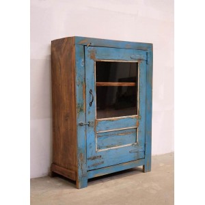 Ξύλινο ντουλάπι σε μπλε απόχρωση με πόρτα βιτρίνα και δύο εσωτερικά ράφια 69x32x92 εκ