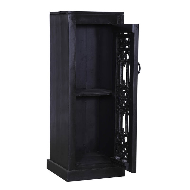 Ξύλινο ντουλάπι σε μαύρο χρώμα με μεταλλική σκαλιστή πλέξη στην πόρτα 42x42x112 εκ