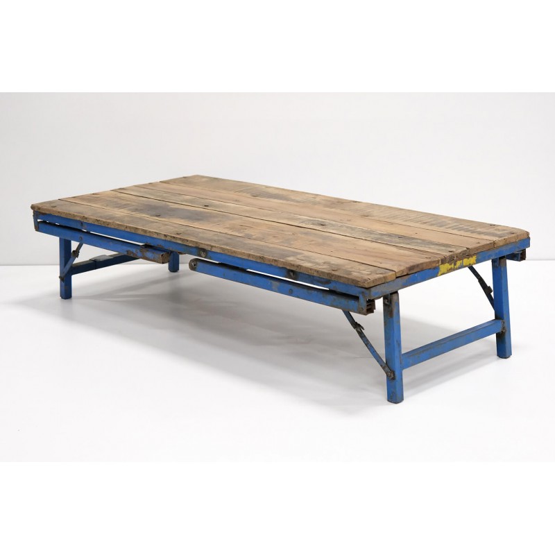 Τραπέζι με ρύθμιση ύψους με μπλε μεταλλική βάση και ξύλινη επιφάνεια σε φυσική απόχρωση 152x78x37-78 εκ