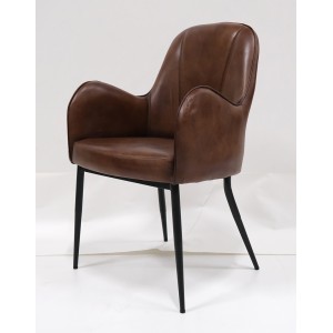 Mickey μεταλλική καρέκλα με μπράτσα με δερμάτινο κάθισμα σε καφέ χρώμα 55x53x85 εκ