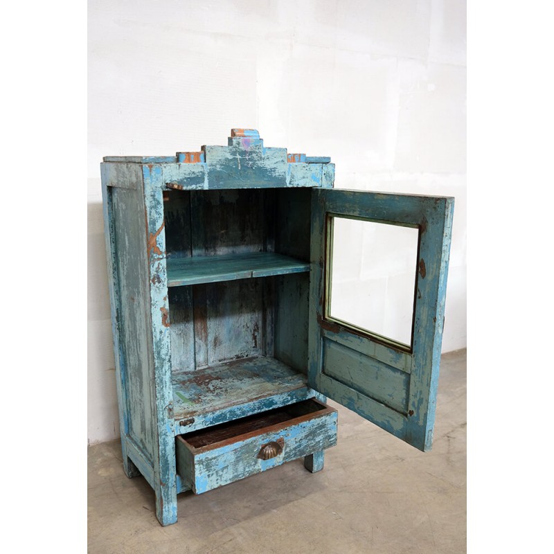 Ξύλινο ντουλάπι σε γαλάζια απόχρωση με πόρτα βιτρίνα και ένα συρτάρι 49x29x92 εκ