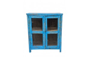 Ξύλινος μπουφές σε μπλε απόχρωση με δύο γυάλινες πόρτες και τζαμάκια στο πλάι 90x36x90 εκ