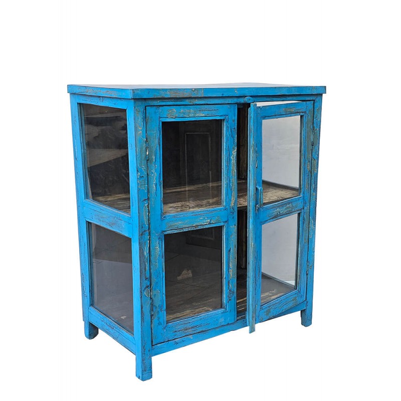 Ξύλινος μπουφές σε μπλε απόχρωση με δύο γυάλινες πόρτες και τζαμάκια στο πλάι 125x40x154 εκ