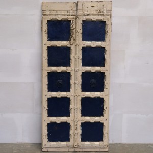 Διακοσμητική vintage διπλή πόρτα από ξύλο και μέταλλο σε μπλε και κρεμ απόχρωση 80x8x178 εκ