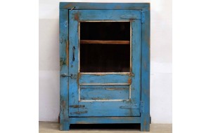 Ξύλινο ντουλάπι σε μπλε απόχρωση με πόρτα βιτρίνα και δύο εσωτερικά ράφια 69x32x92 εκ