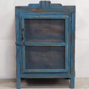 Ξύλινο ντουλάπι σε μπλε απόχρωση με μεταλλικό πλέγμα στην πόρτα 52x30x80 εκ