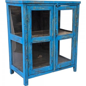 Ξύλινος μπουφές σε μπλε απόχρωση με δύο γυάλινες πόρτες και τζαμάκια στο πλάι 90x36x90 εκ
