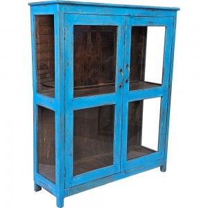 Ξύλινος μπουφές σε μπλε απόχρωση με δύο γυάλινες πόρτες και τζαμάκια στο πλάι 125x40x154 εκ
