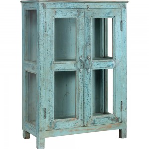 Ξύλινος μπουφές βιτρίνα σε μπλε απόχρωση με δύο πόρτες και τζαμάκια στο πλάι 73x39x107 εκ