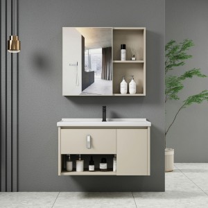 Idea κρεμαστό σετ μπάνιου με καθρέπτη, πάγκο σε κρεμ απόχρωση με νιπτήρα, ντουλάπι, συρτάρι και μπαταρία