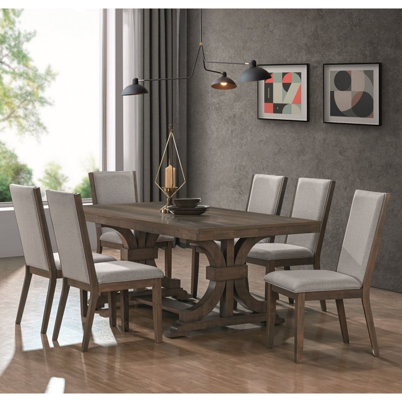 King σετ ξύλινη αντικέ τραπεζαρία με ορθογώνιο τραπέζι σε φυσική απόχρωση και έξι καρέκλες με μαξιλάρι σε γκρι απόχρωση