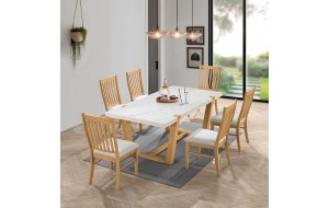 Comet σετ ξύλινη τραπεζαρία με τραπέζι σε φυσική απόχρωση με επιφάνεια από μάρμαρο και έξι καρέκλες με μαξιλάρι