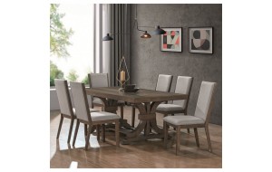 King σετ ξύλινη αντικέ τραπεζαρία με ορθογώνιο τραπέζι σε φυσική απόχρωση και έξι καρέκλες με μαξιλάρι σε γκρι απόχρωση
