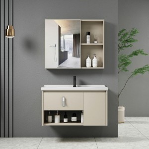 Idea κρεμαστό σετ μπάνιου με καθρέπτη, πάγκο σε κρεμ απόχρωση με νιπτήρα, ντουλάπι, συρτάρι και μπαταρία