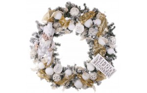 White Luxury Harlequin έτοιμο στολισμένο Χριστουγεννιάτικο χιονισμένο στεφάνι με λαμπάκια 120 εκ