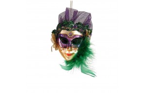 Στολίδι γυάλινο θεατρική μάσκα διακοσμημένη με πράσινα πούπουλα και πούλιες 11x4x13 εκ