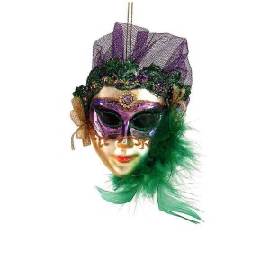 Στολίδι γυάλινο θεατρική μάσκα διακοσμημένη με πράσινα πούπουλα και πούλιες 11x4x13 εκ