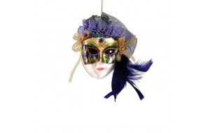 Χριστουγεννιάτικο στολίδι θεατρική μάσκα διακοσμημένη με πούπουλα και χρυσές λεπτομέρειες 11x4x13 εκ