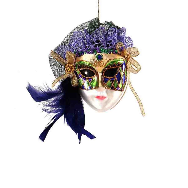 Χριστουγεννιάτικο στολίδι θεατρική μάσκα διακοσμημένη με πούπουλα και χρυσές λεπτομέρειες 11x4x13 εκ