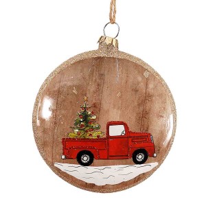 Πλακέ ρετρό Χριστουγεννιάτικη μπάλα με κόκκινο φορτηγάκι 12 εκ