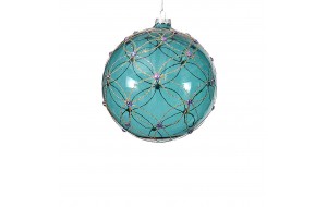Διάφανη γαλάζια χριστουγεννιάτικη μπάλα από γυαλί με ανάγλυφες λεπτομέρειες από γκλίτερ και διαμαντάκια 10 εκ