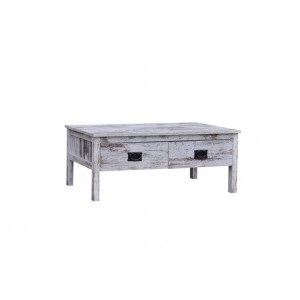 Boho τραπέζι σαλονιού ξύλινο με συρτάρια σε λευκή πατίνα 100x50x38 εκ
